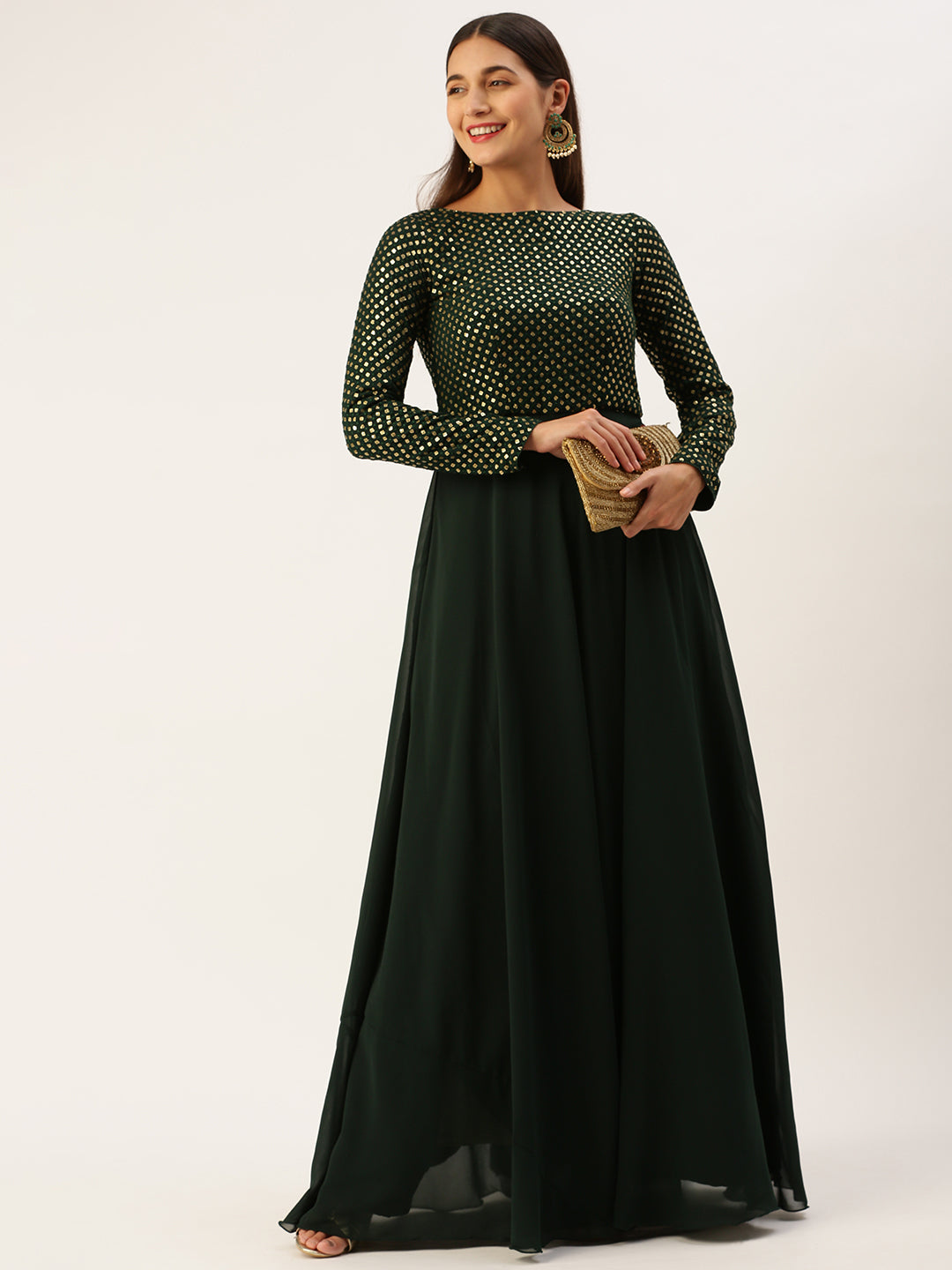 Darkest Green Full Sleeve Gown with Sequin Bodice
