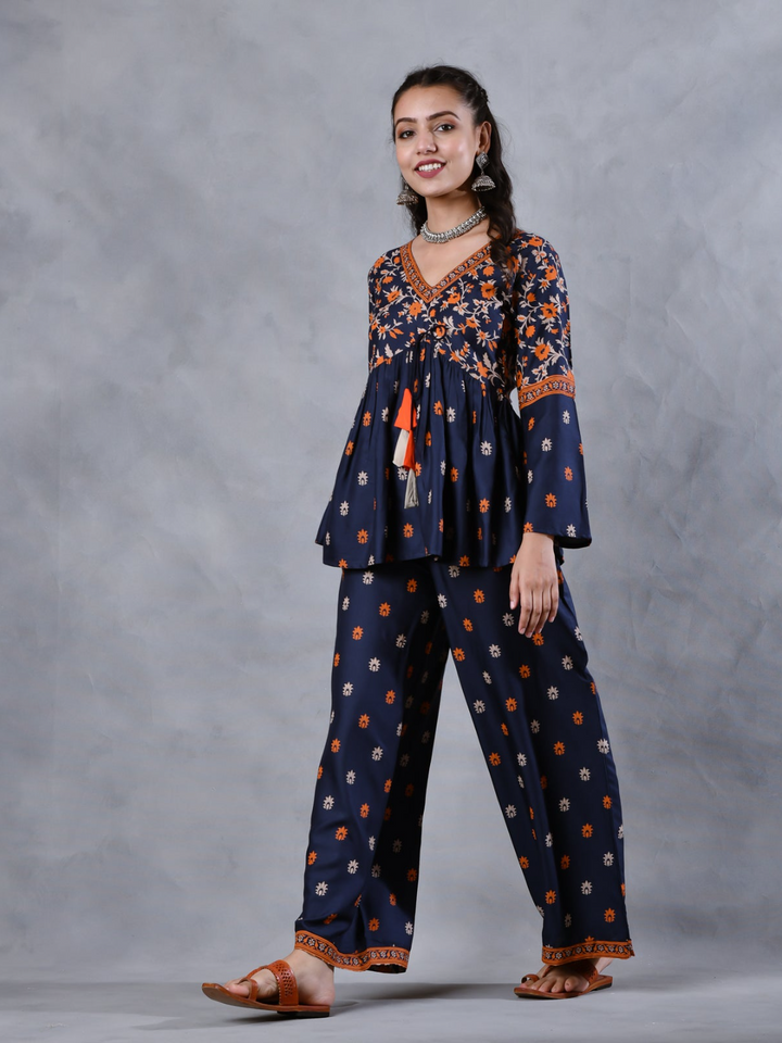 Deep Blue Floral Gathered Top Pant Set