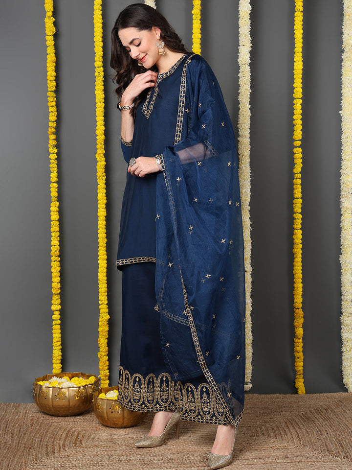 Blue Silk Blend Solid Embroidered Straight Kurta Palazzo With Dupatta