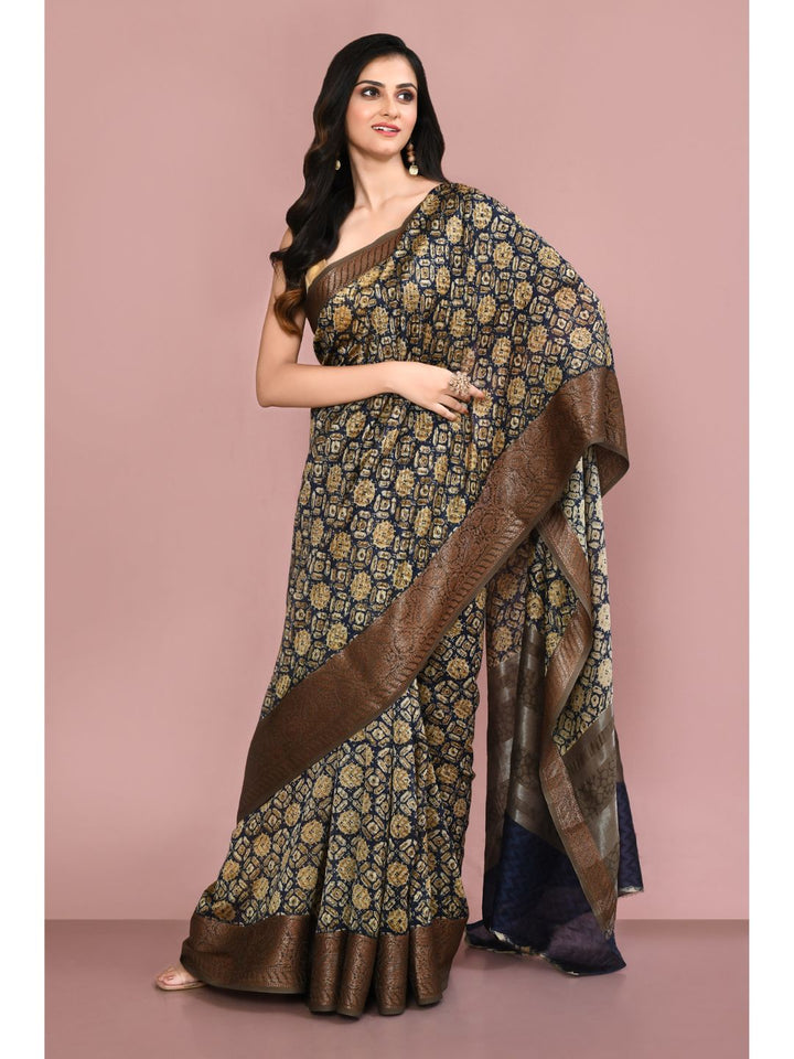 Deep Blue & Beige Printed Chanderi Saree