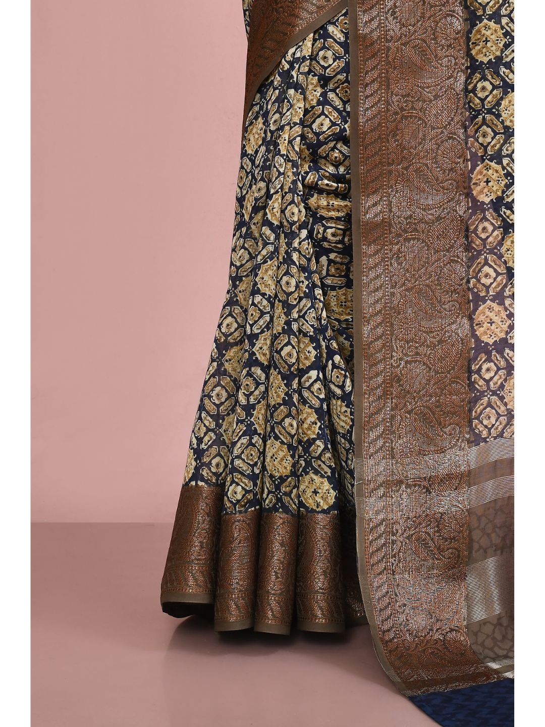 Deep Blue & Beige Printed Chanderi Saree