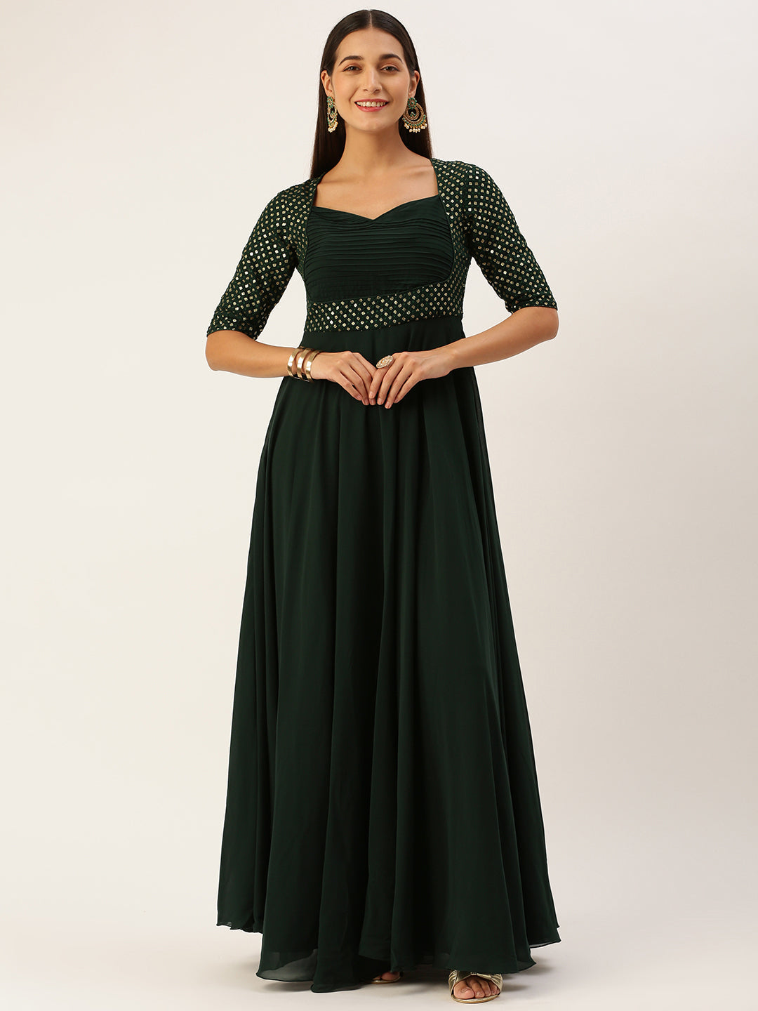 Deep Green Georgette Sequined Sophistcated Gown