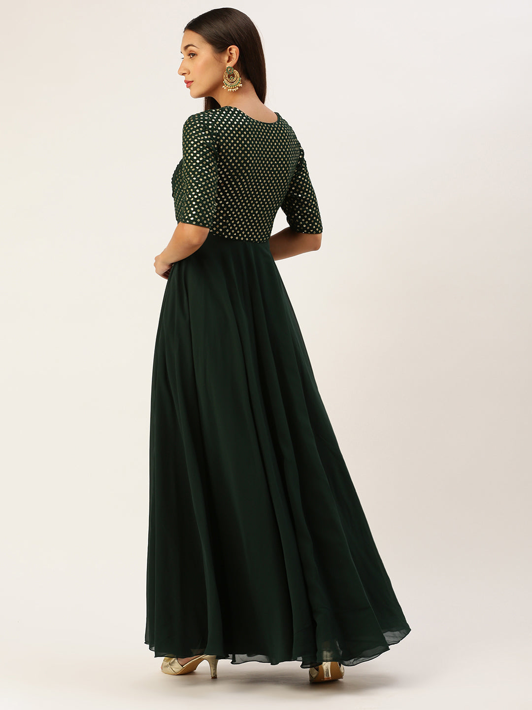 Deep Green Georgette Sequined Sophistcated Gown