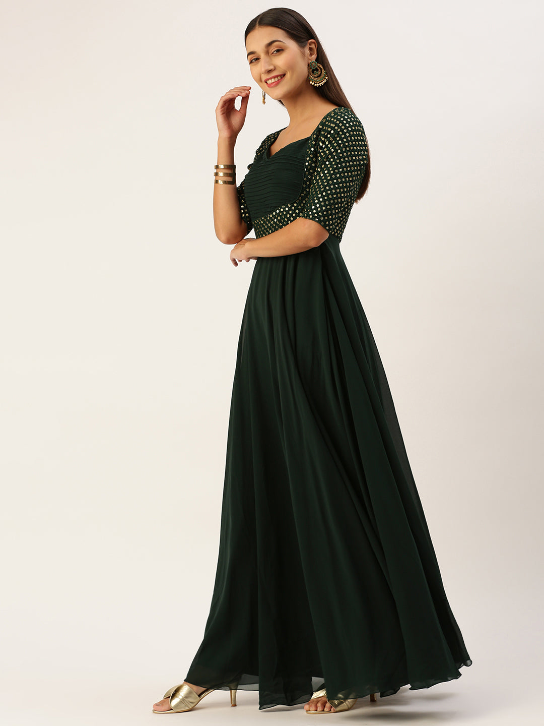 Deep Green Georgette Sequined Sophistcated Gown