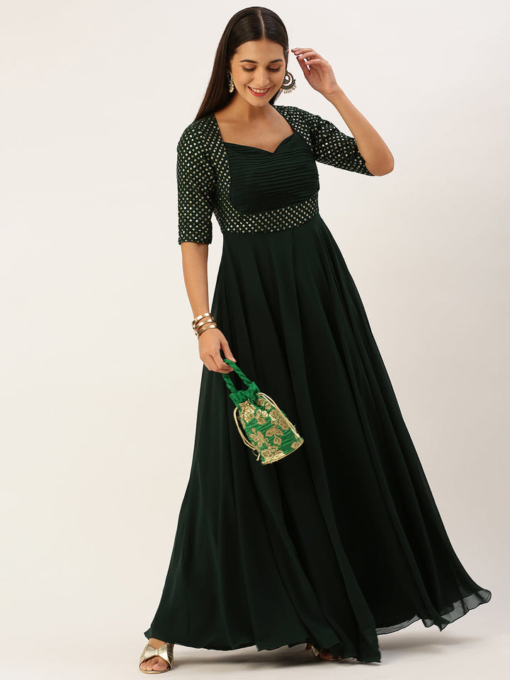 Deep Green Georgette Sequined Sophistcated Gown