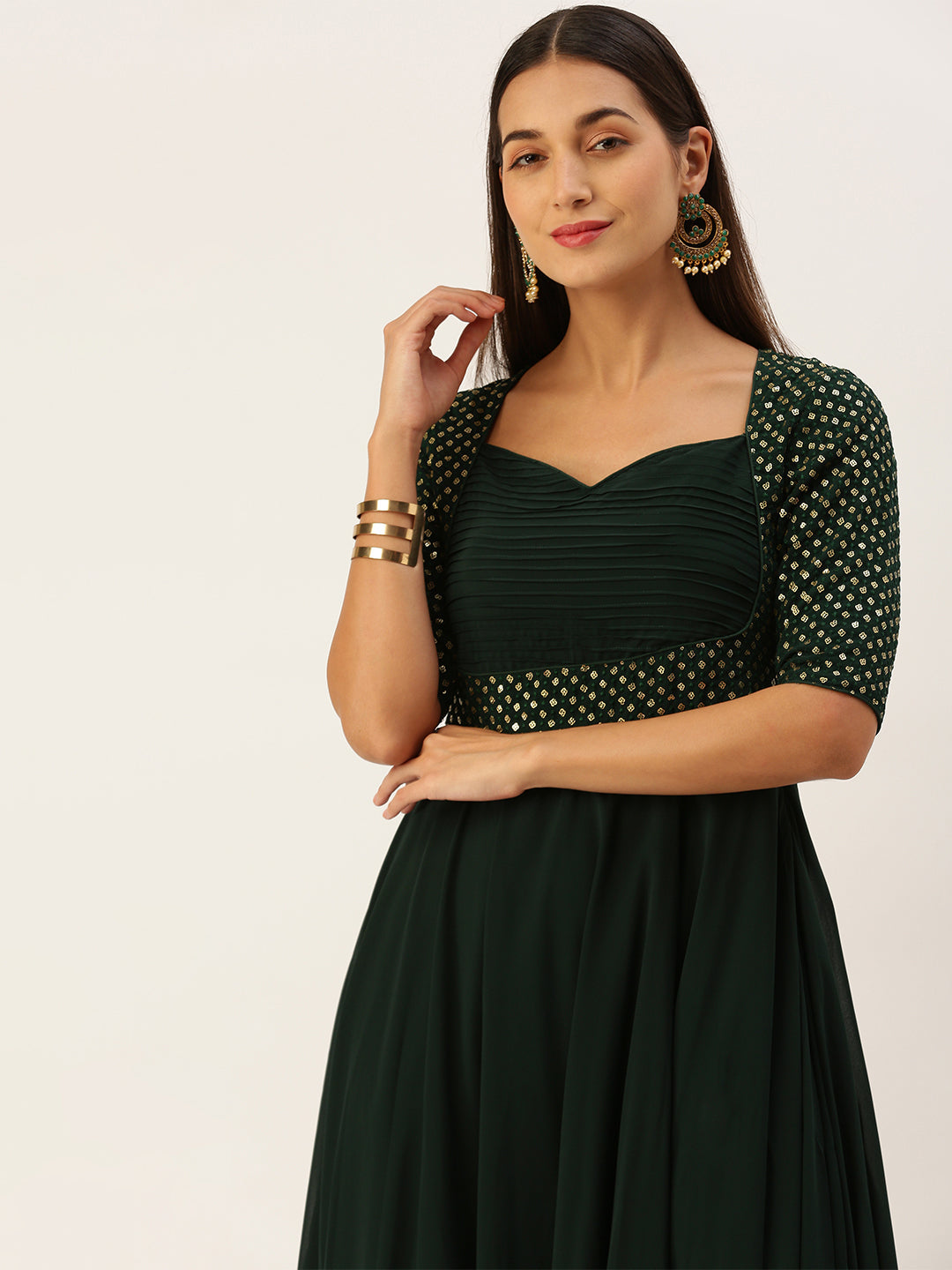 Deep Green Georgette Sequined Sophistcated Gown