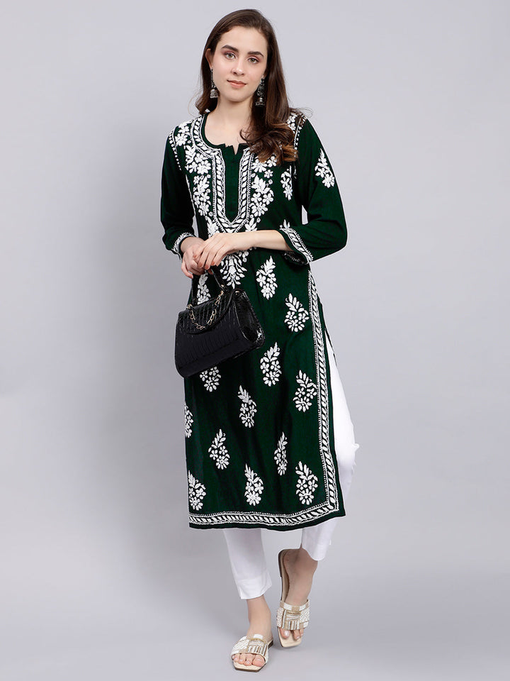 Deep Green Rayon Handwoven Chikankari Kurti