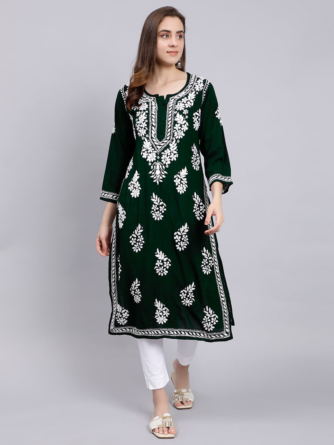 Deep Green Rayon Handwoven Chikankari Kurti