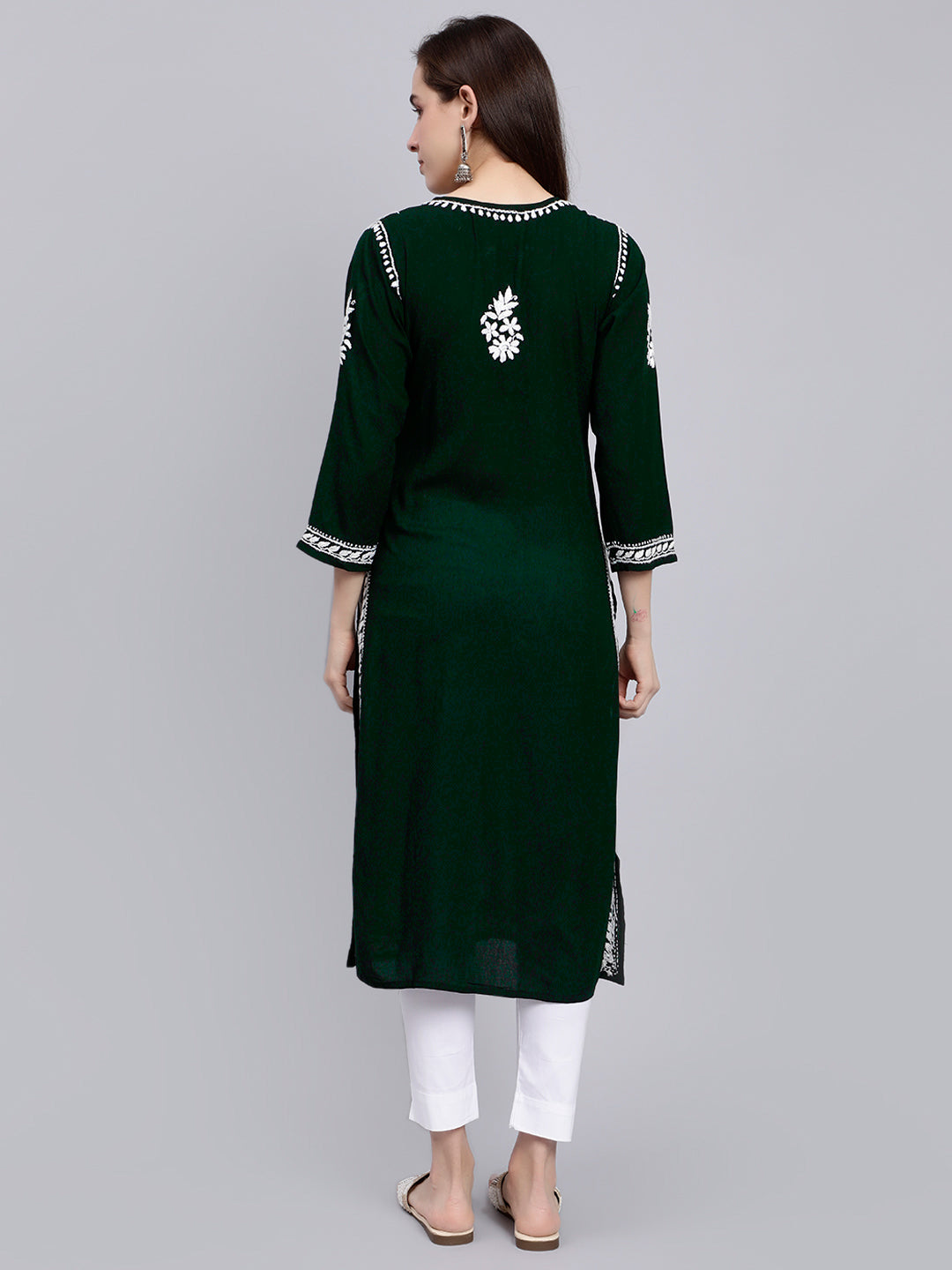 Deep Green Rayon Handwoven Chikankari Kurti