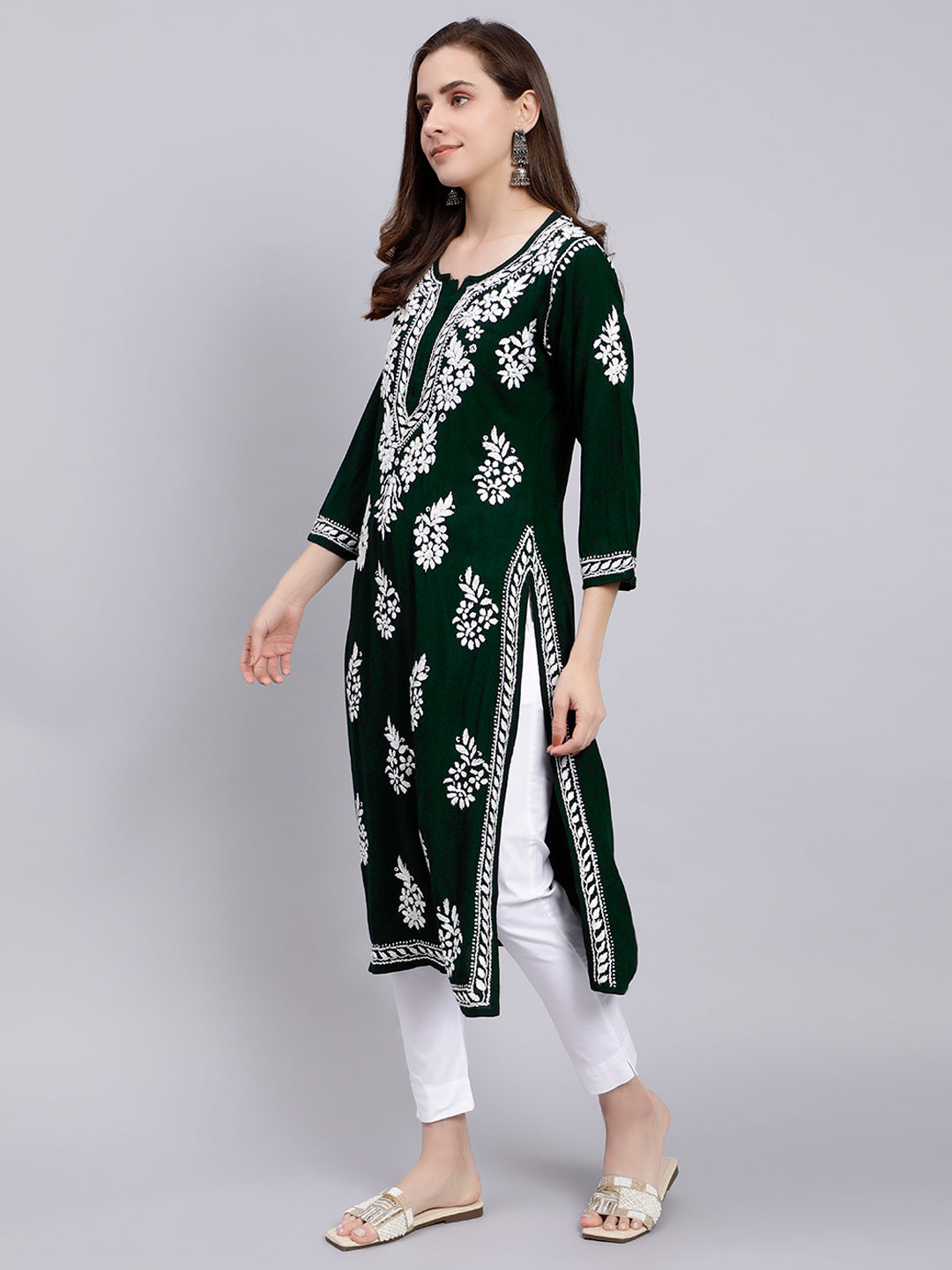 Deep Green Rayon Handwoven Chikankari Kurti