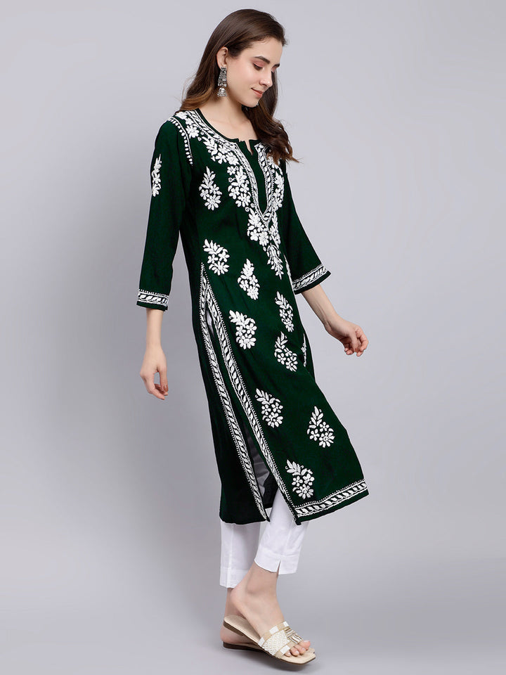 Deep Green Rayon Handwoven Chikankari Kurti