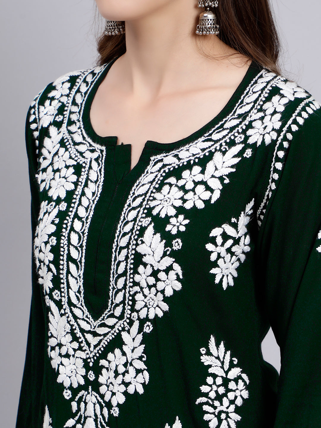 Deep Green Rayon Handwoven Chikankari Kurti