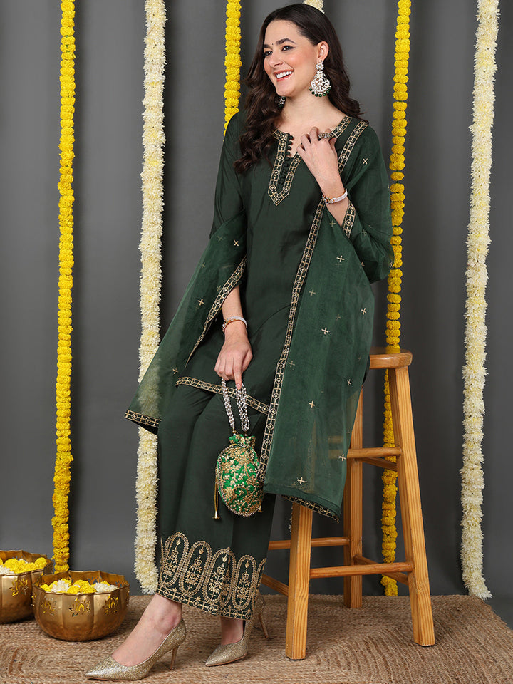 Green Silk Blend Solid Embroidered Straight Kurta Palazzo With Dupatta