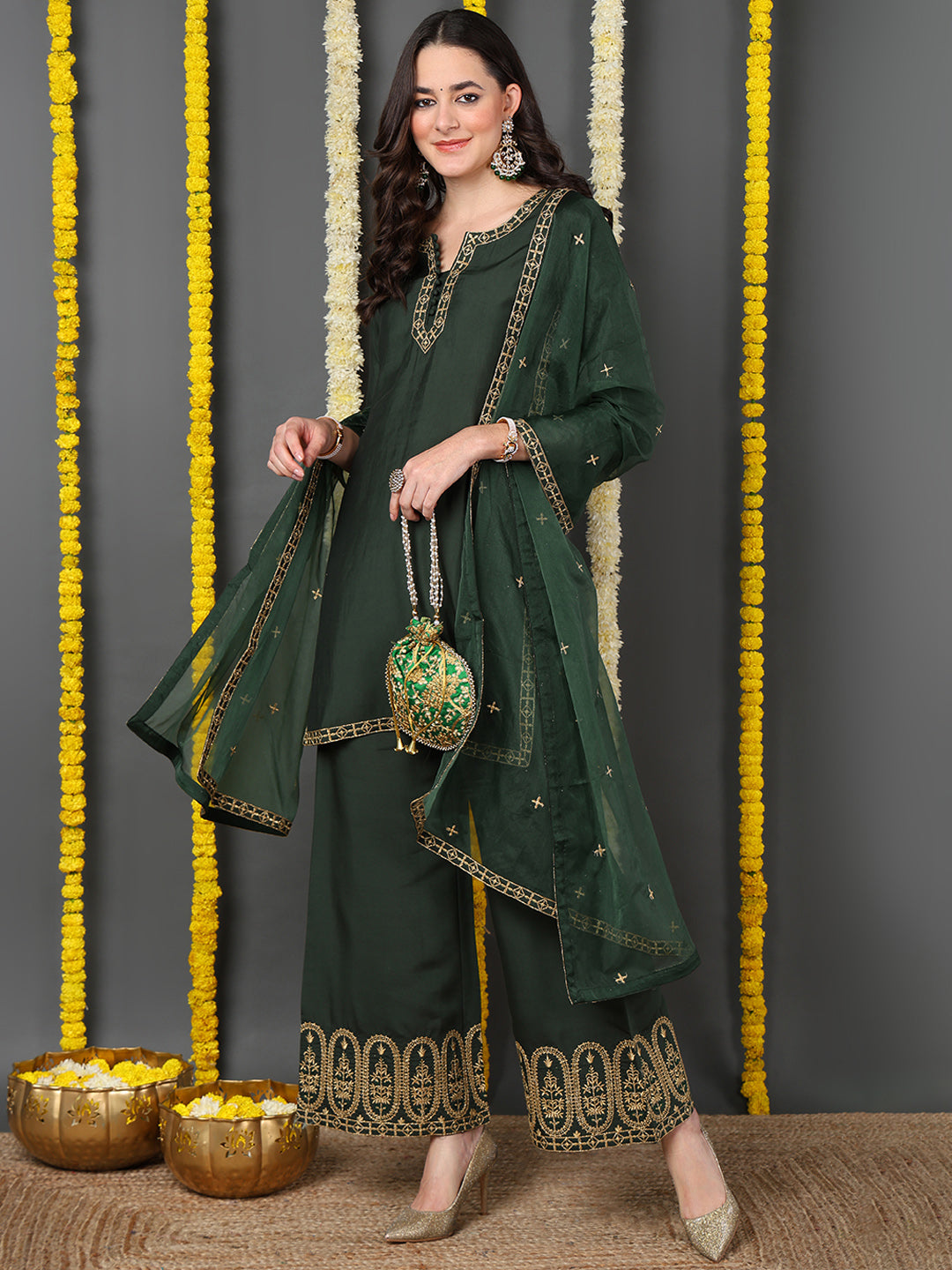 Green Silk Blend Solid Embroidered Straight Kurta Palazzo With Dupatta