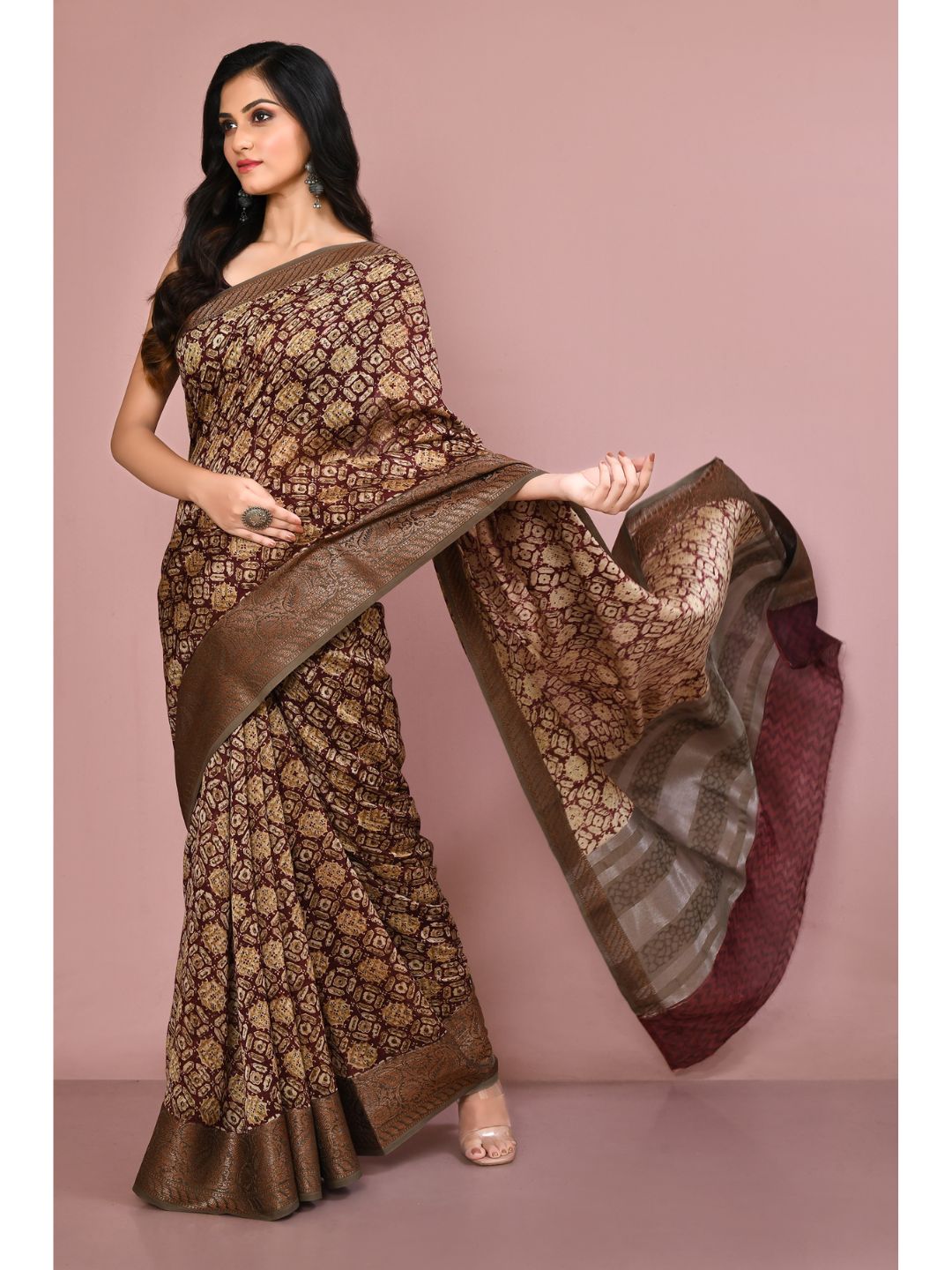 Deep Red & Beige Printed Chanderi Saree