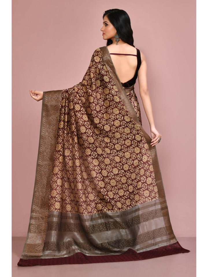 Deep Red & Beige Printed Chanderi Saree