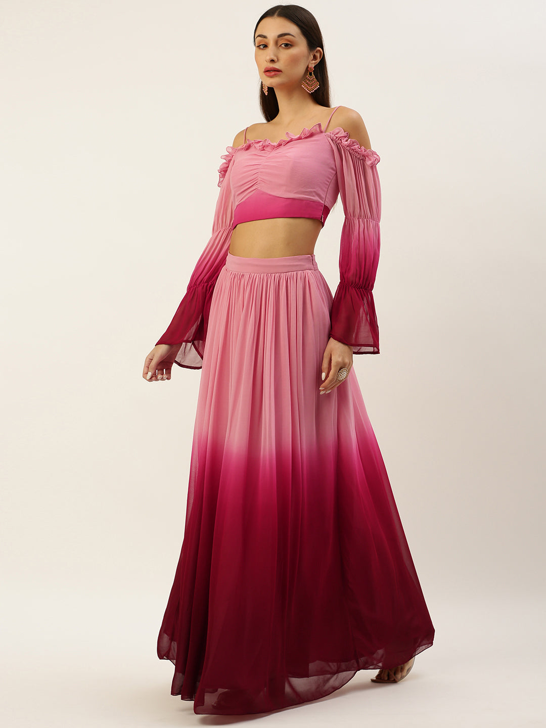 Dual Pink Ombre Skirt Set with Cold-Shoulder Sleeves