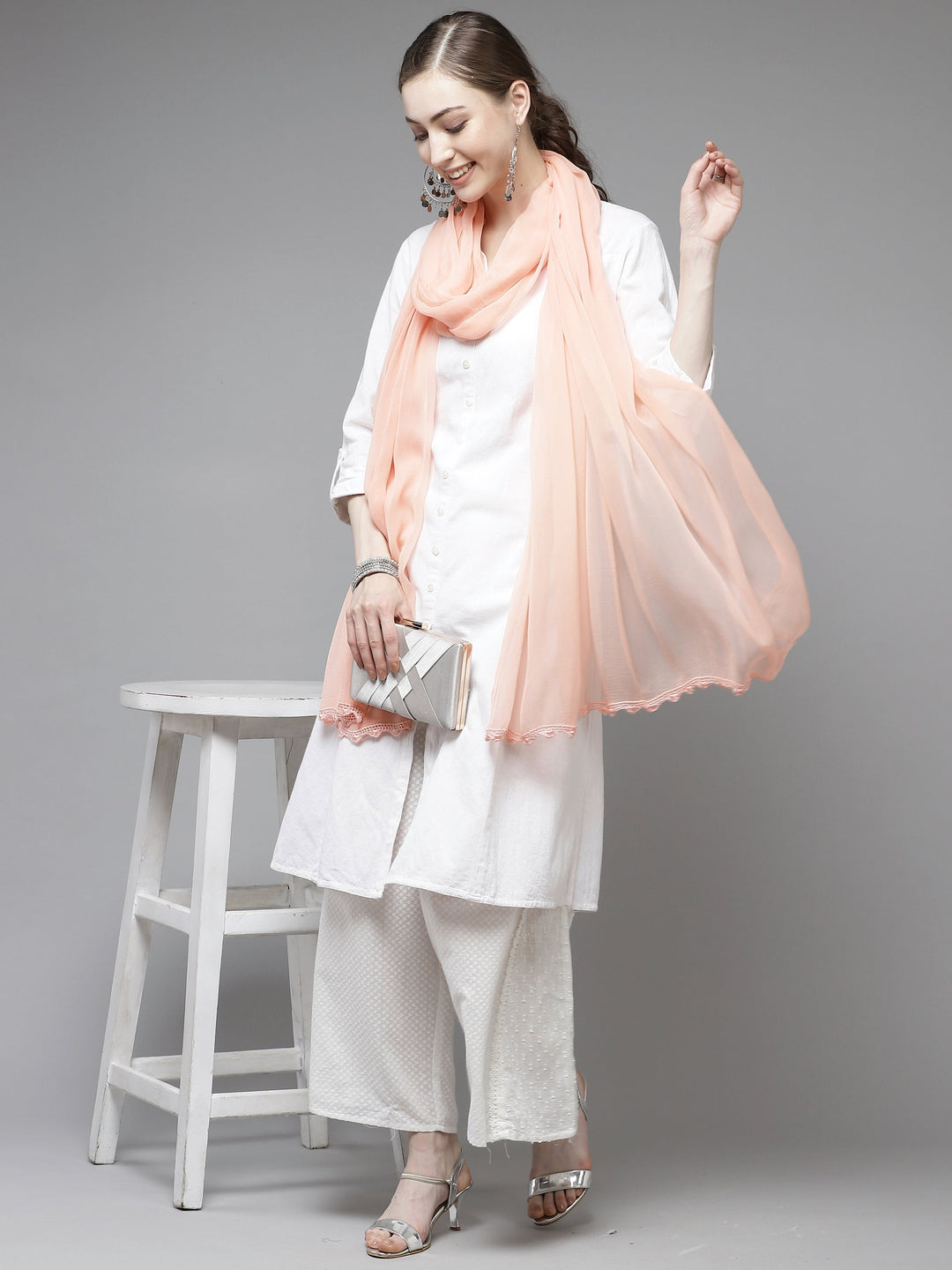 Dupatta - Peach Chiffon Chikankari Embroidered Dupatta