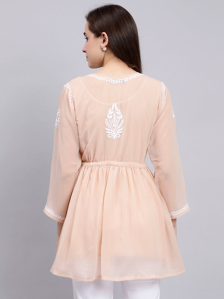 Dusty Beige Georgette Chikankari Short Tunic Top With Slip