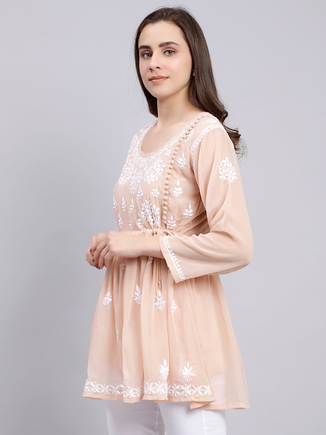 Dusty Beige Georgette Chikankari Short Tunic Top With Slip
