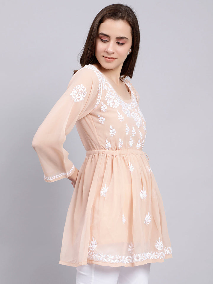 Dusty Beige Georgette Chikankari Short Tunic Top With Slip