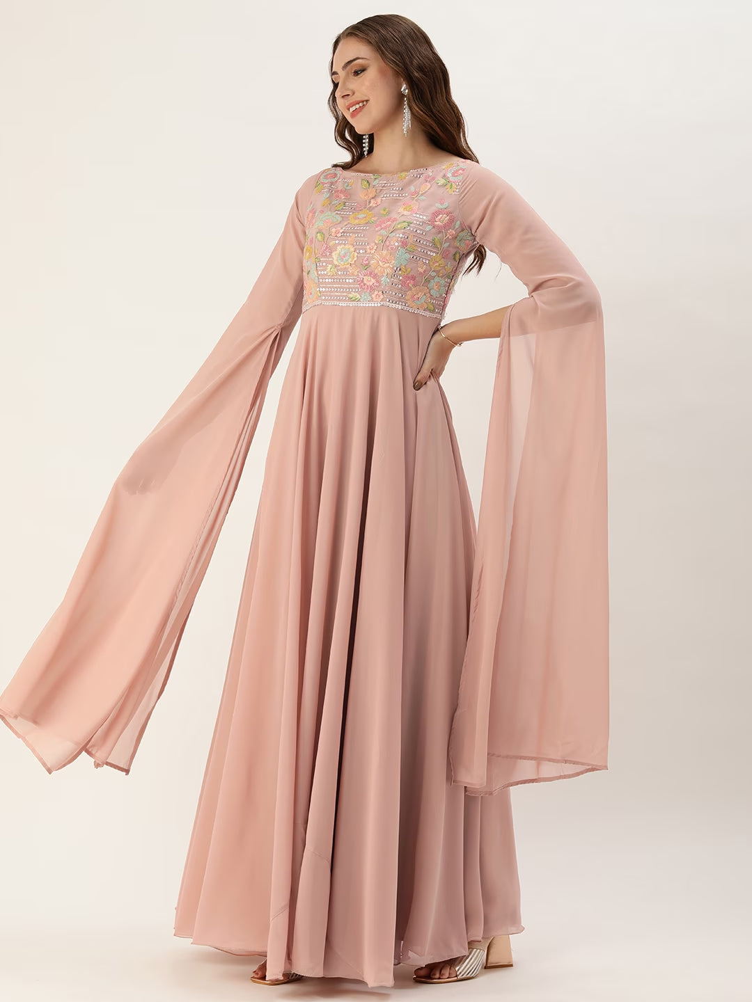 Dusty Pink Georgette Embroidered Gown in Long Cape Sleeves