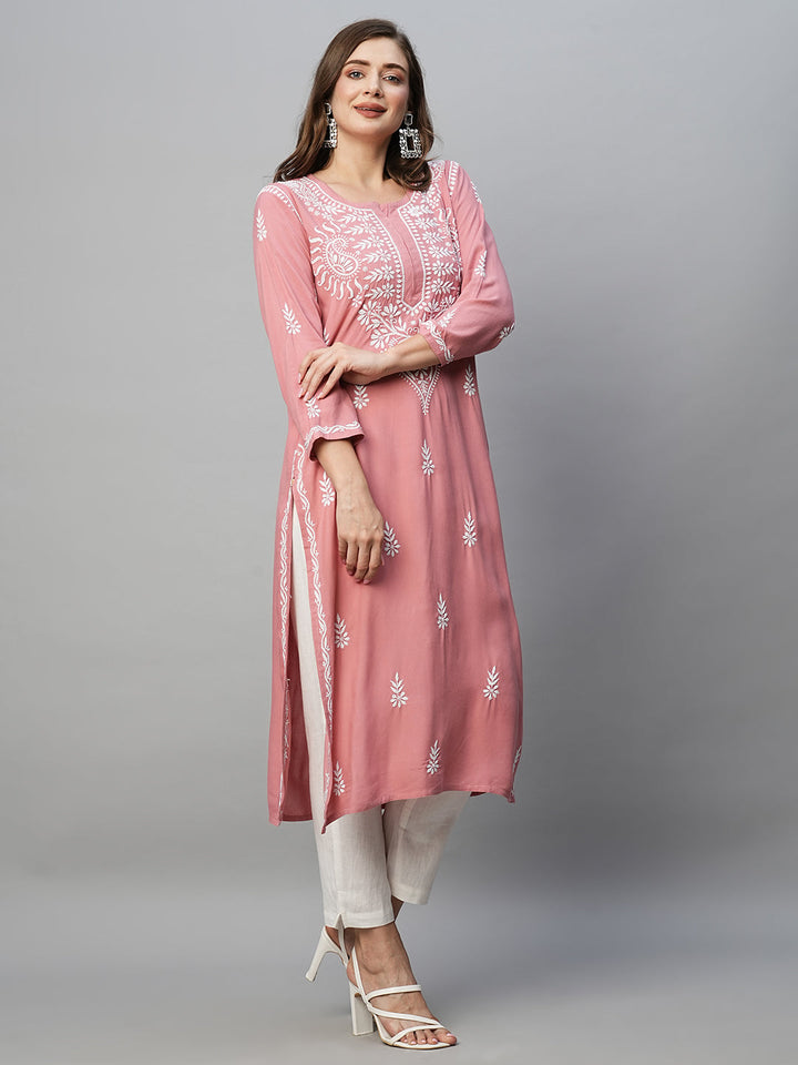 Dusty Pink Rayon Chikankari Motif Straight Kurta