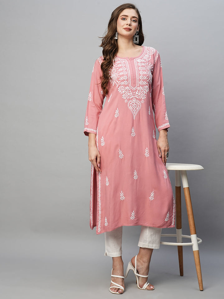 Dusty Pink Rayon Chikankari Motif Straight Kurta