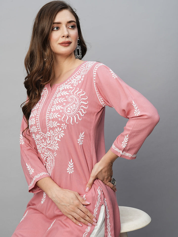 Dusty Pink Rayon Chikankari Motif Straight Kurta