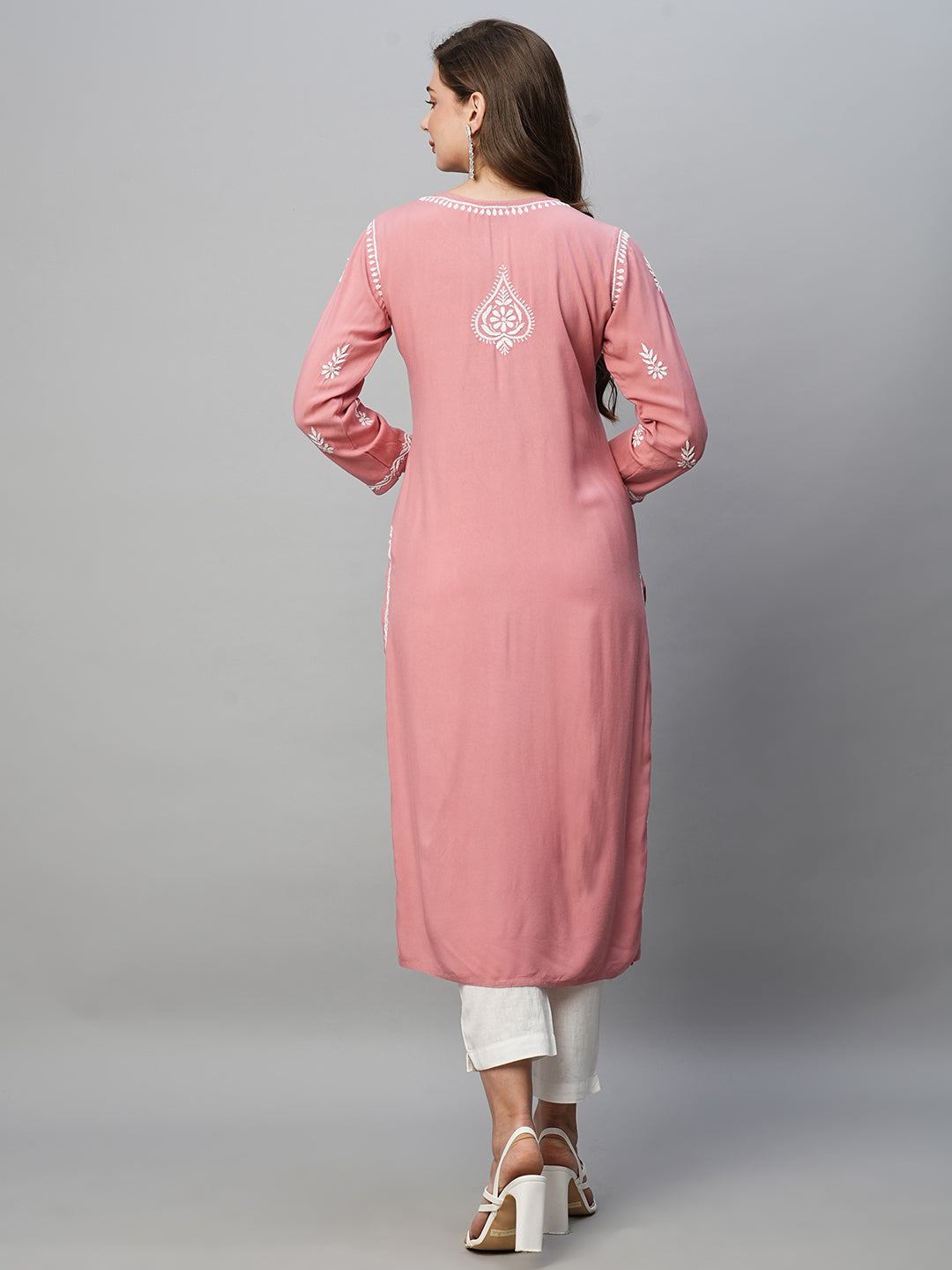 Dusty Pink Rayon Chikankari Motif Straight Kurta