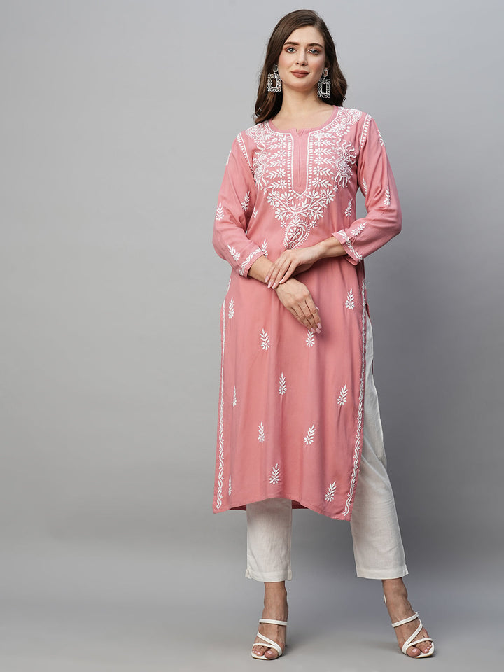 Dusty Pink Rayon Chikankari Motif Straight Kurta