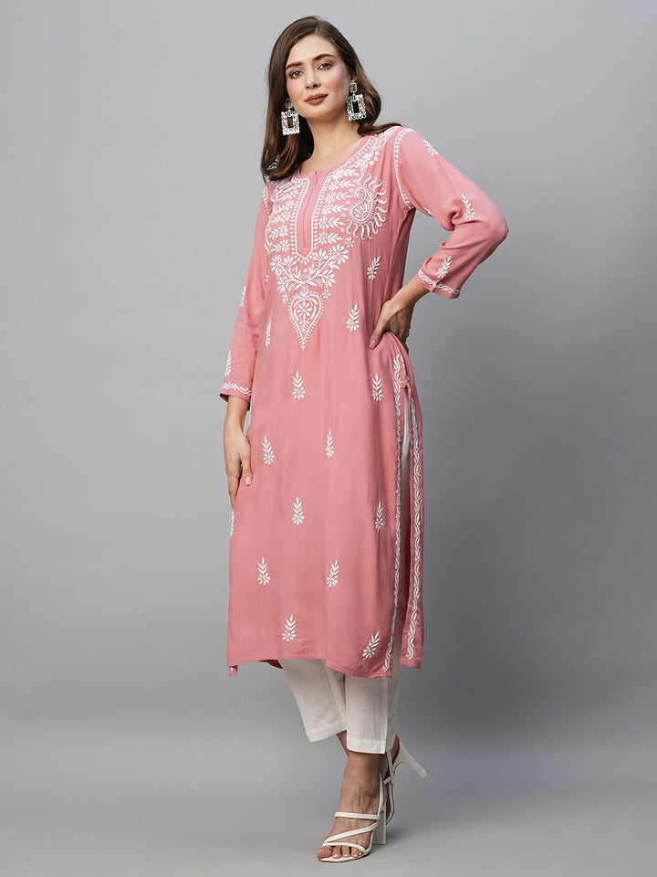 Dusty Pink Rayon Chikankari Motif Straight Kurta