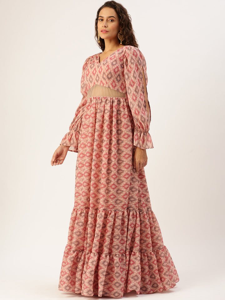 Dusty Wine Digital Printed Dress with Open Sleeves