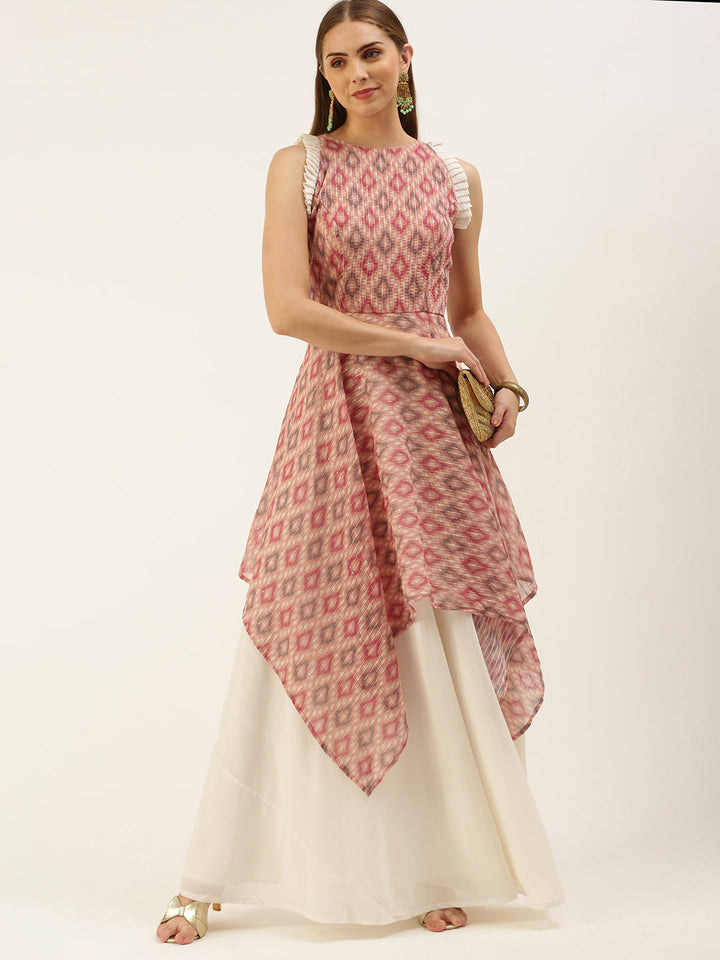 Dusty Wine & White Digital Print Halter Neck Handkerchief Gown