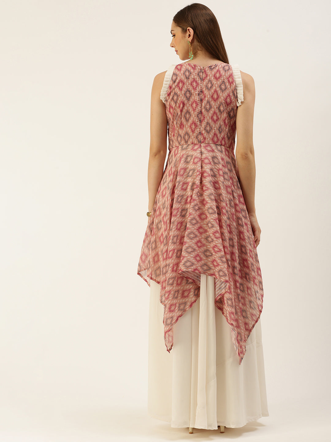 Dusty Wine & White Digital Print Halter Neck Handkerchief Gown