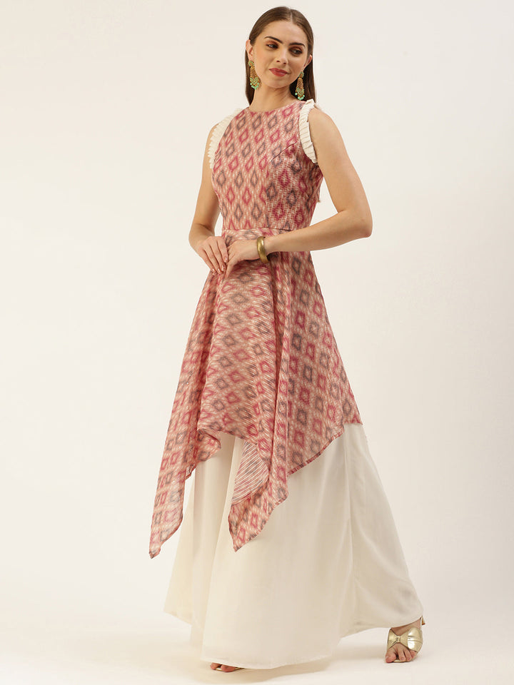 Dusty Wine & White Digital Print Halter Neck Handkerchief Gown