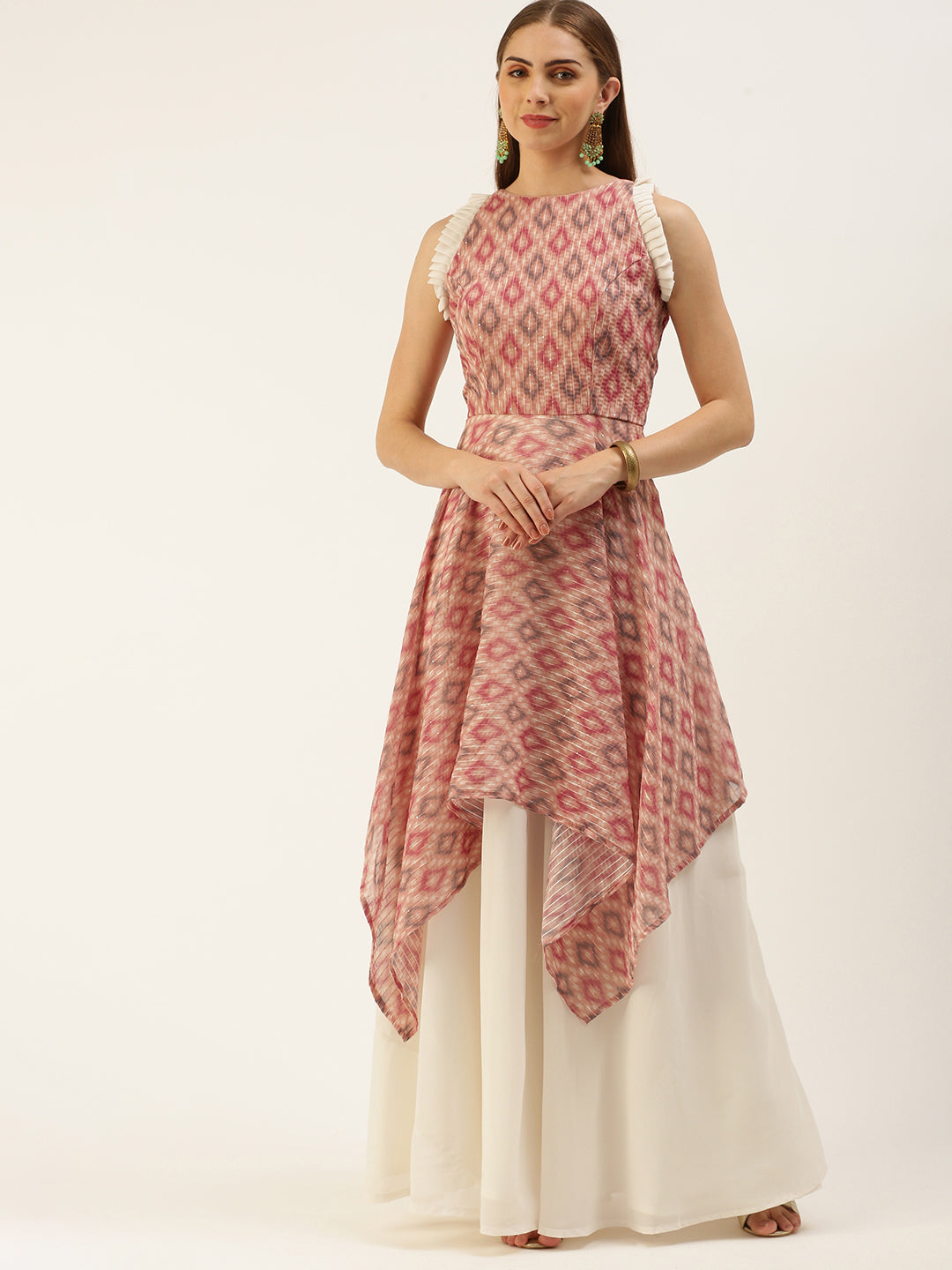 Dusty Wine & White Digital Print Halter Neck Handkerchief Gown