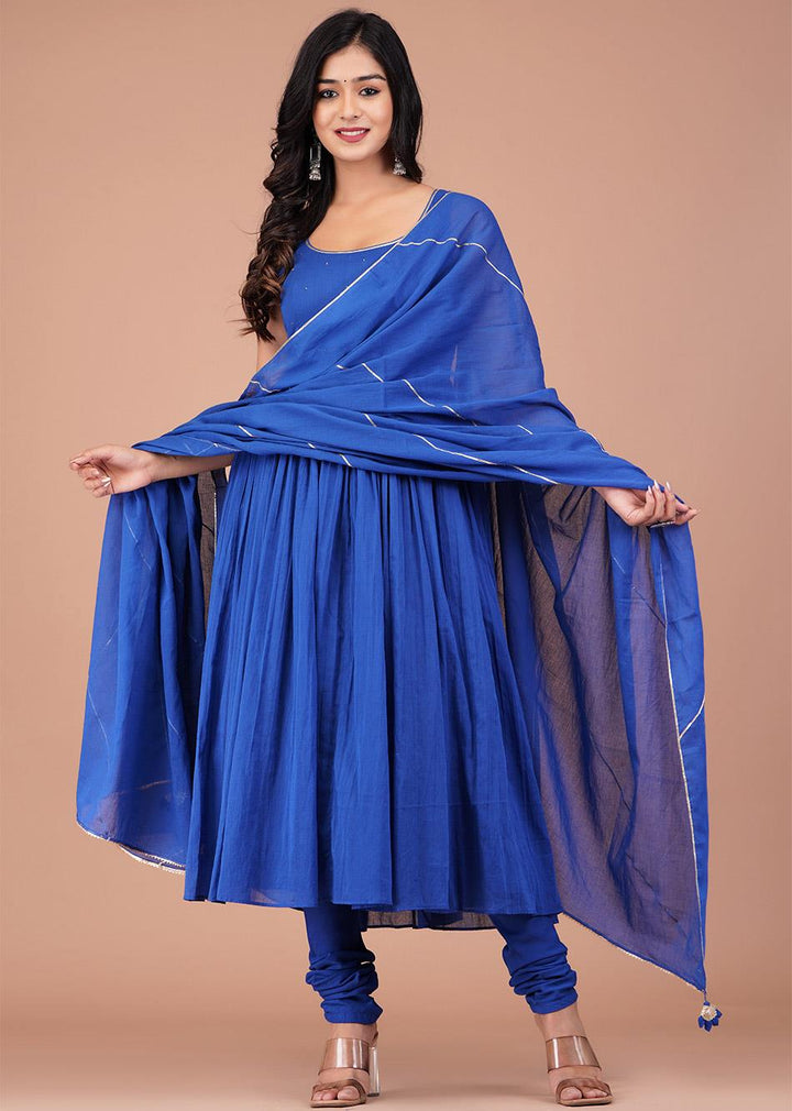 Egyptian Blue Sleeveless Gathered Anarkali (Set of 3)
