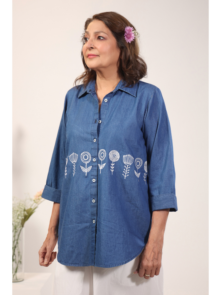 Elite Floral Embroidery Denim Tunic Shirt