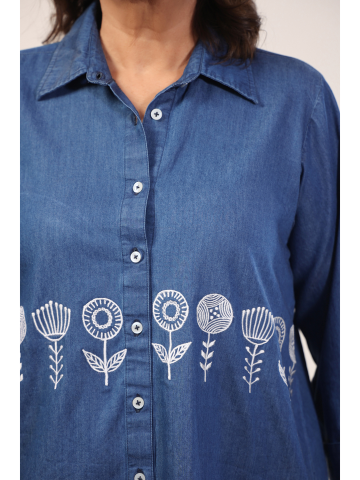 Elite Floral Embroidery Denim Tunic Shirt