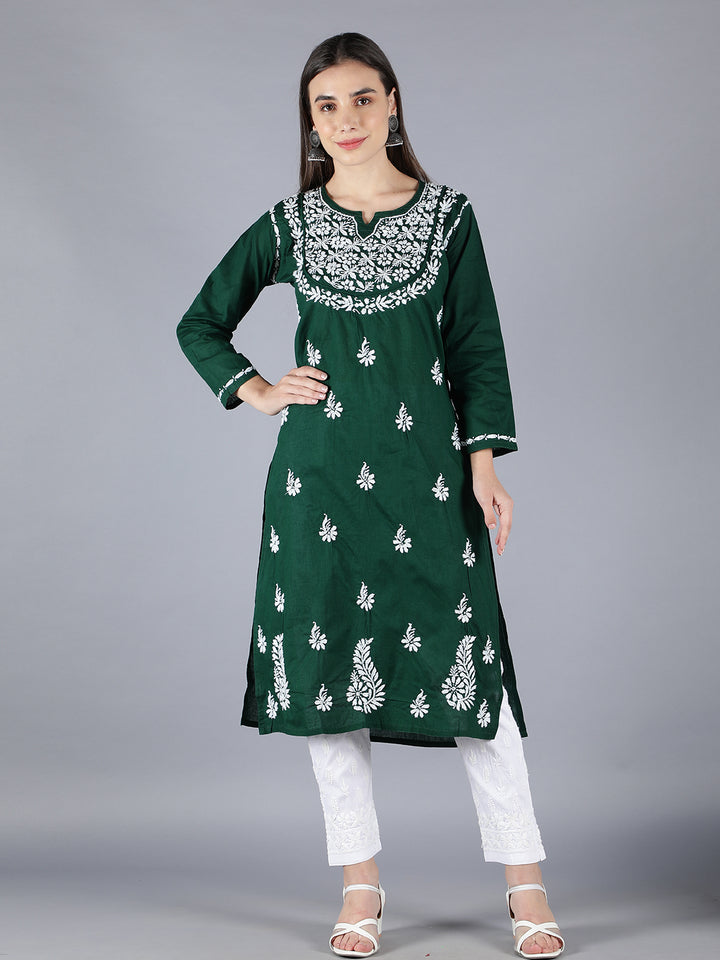 Embroidered Chikankari Bottle Green Kurta