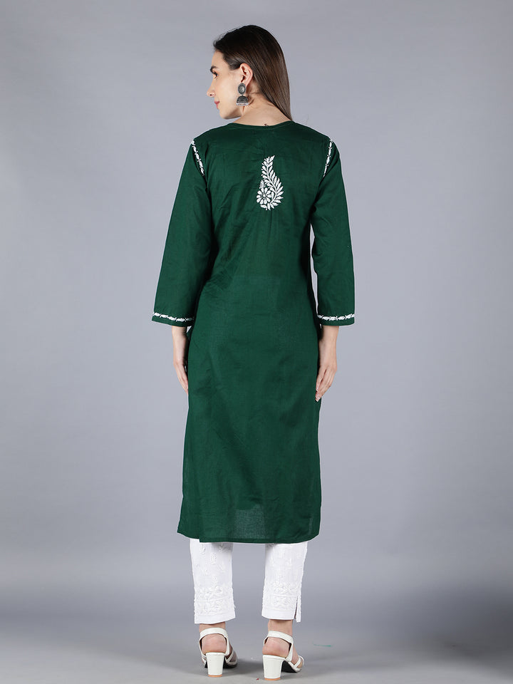 Embroidered Chikankari Bottle Green Kurta