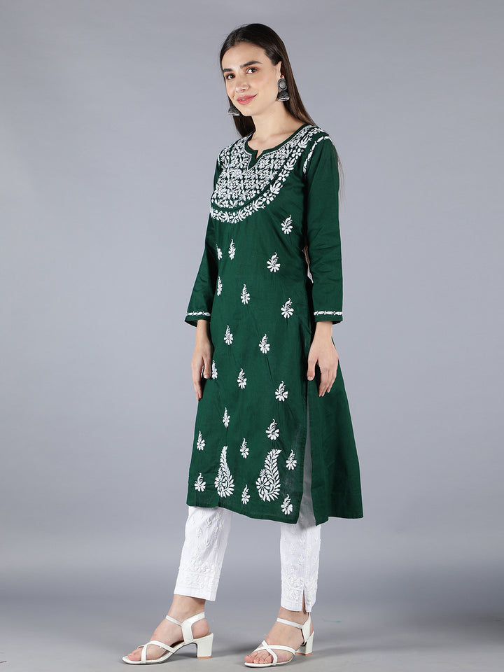 Embroidered Chikankari Bottle Green Kurta