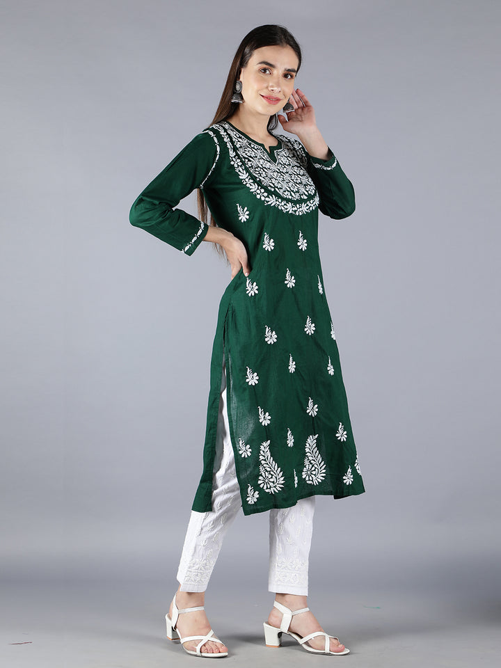 Embroidered Chikankari Bottle Green Kurta