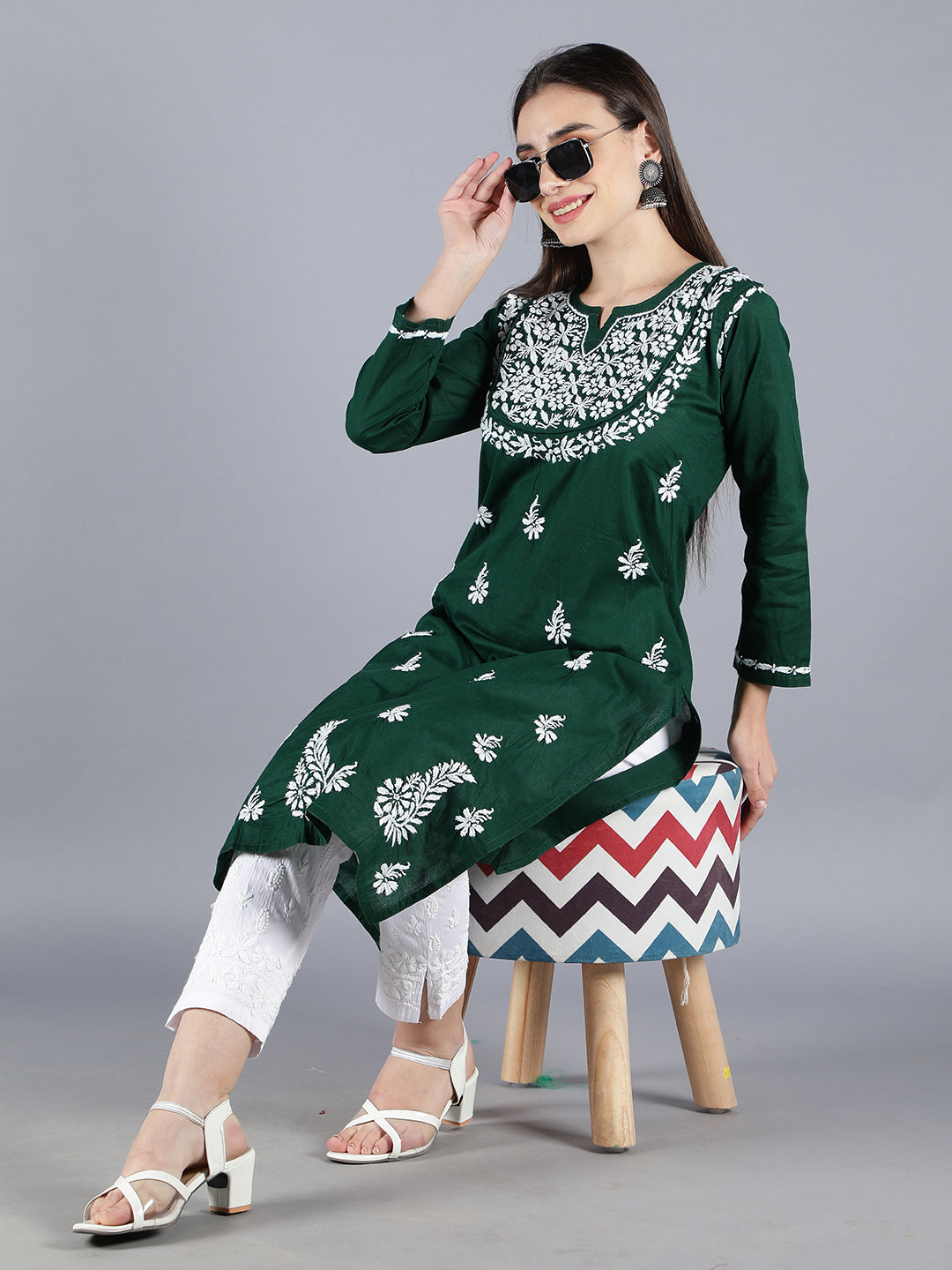 Embroidered Chikankari Bottle Green Kurta