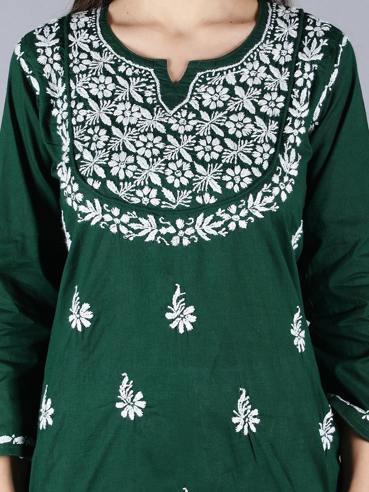 Embroidered Chikankari Bottle Green Kurta