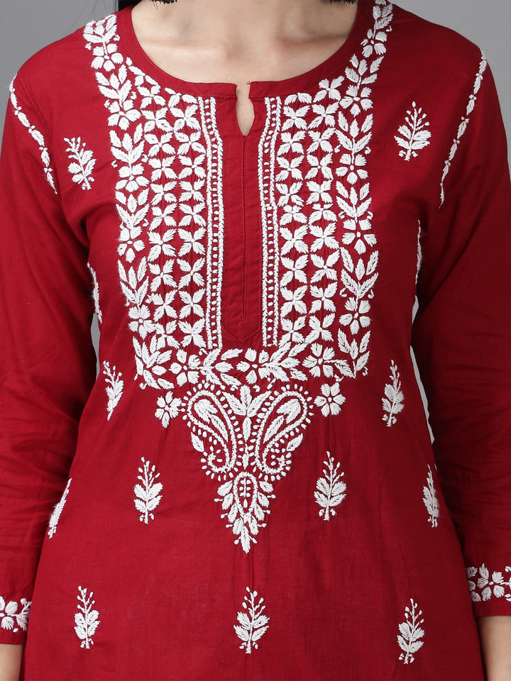 Embroidered-Chikankari-Maroon-Cotton-Kurta