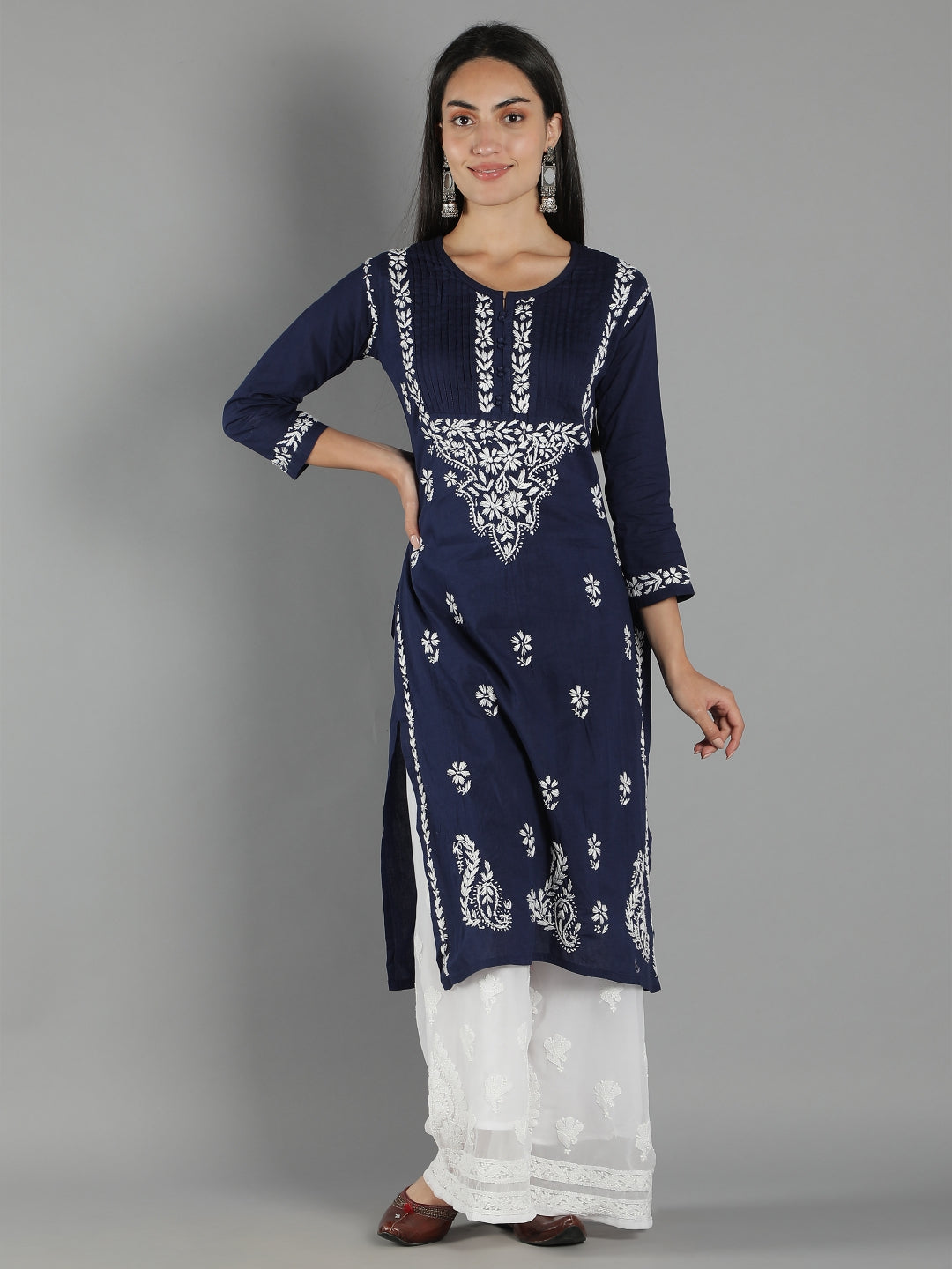 Embroidered-Chikankari-Navy-Blue-Cotton-Kurta