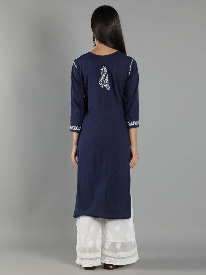 Embroidered-Chikankari-Navy-Blue-Cotton-Kurta