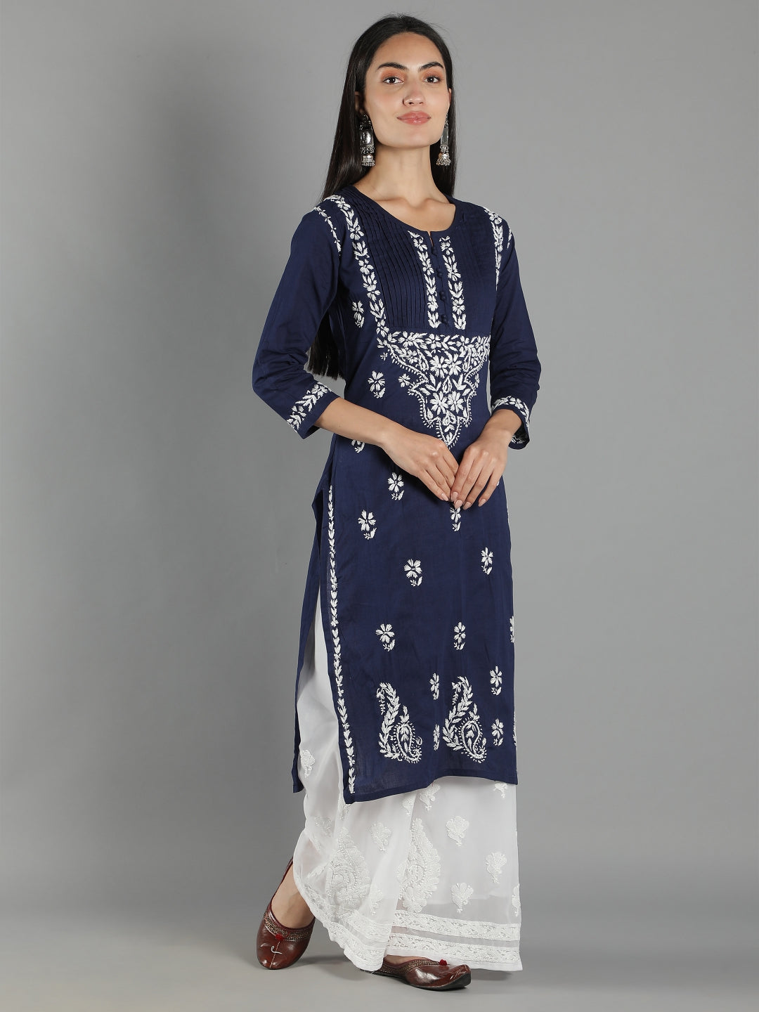 Embroidered-Chikankari-Navy-Blue-Cotton-Kurta